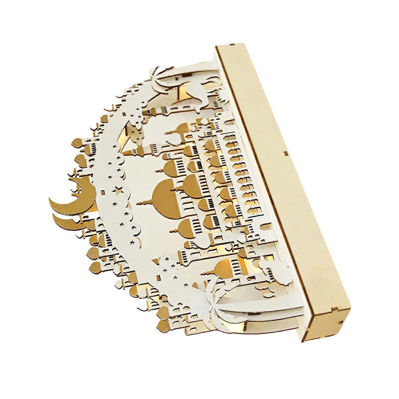 Wooden Round Light Wooden Eid Decoration Unique Moon Shaped Lamp Decorative Lamp for Home and Festive Celebrations  White