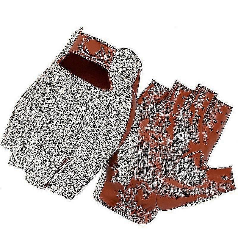 Men Genuine Goatskin Leather Gloves Half Finger Hook-loop