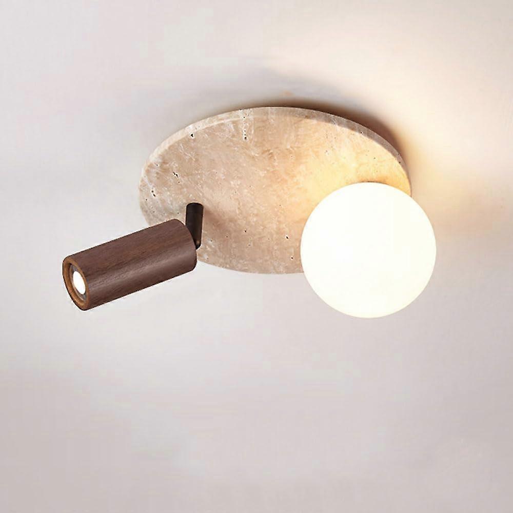 Mid Century Globe Flush Mount Ceiling Light Beige Travertine Lamp with Walnut for Living Room