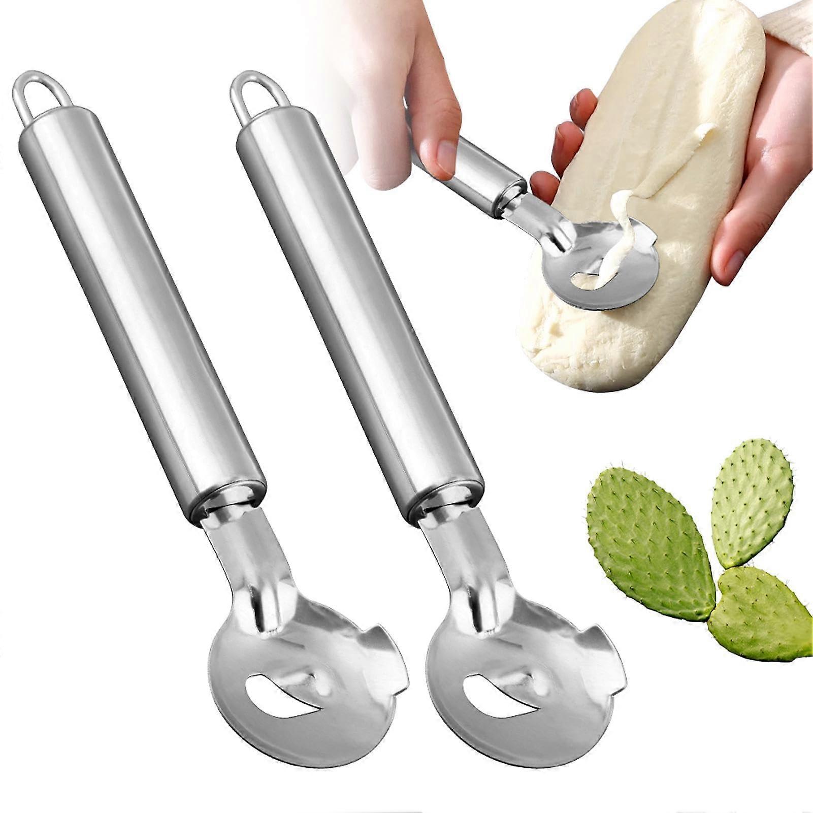 3Pcs Stainless Steel Cactus Peeler Spoon Set, 2in1 Nopales Peeler and Slicer with Long Handle, Silver