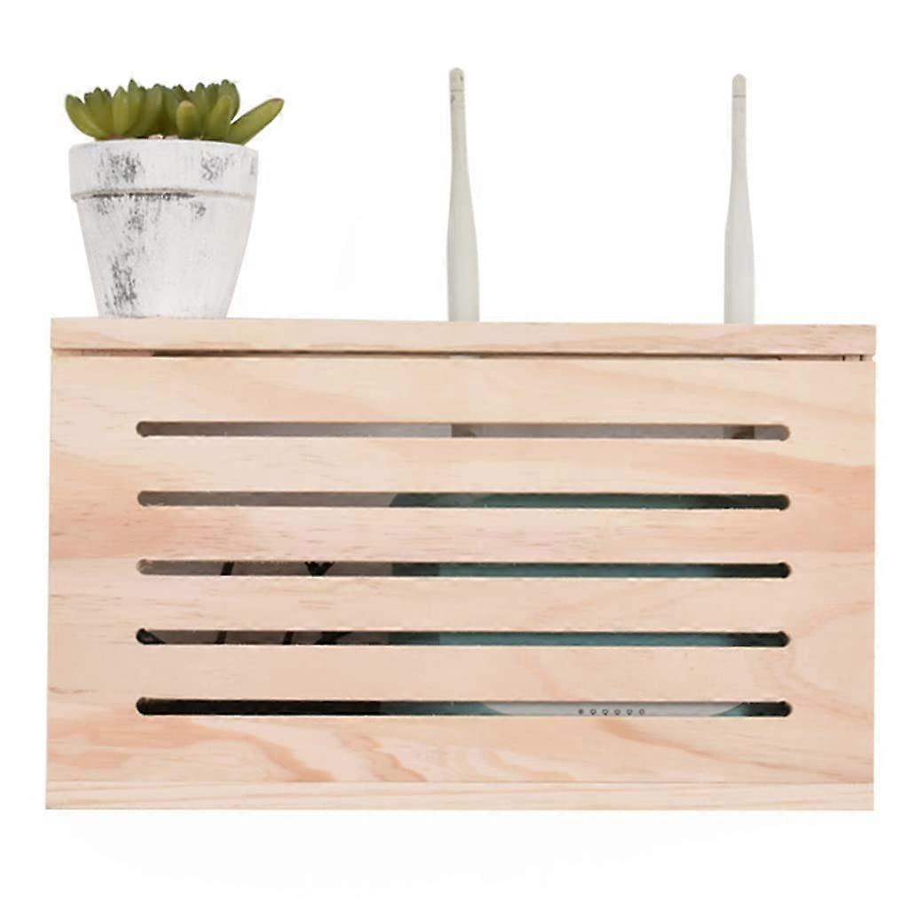 Wooden Wall Mounted WiFi Router Shelf with Storage Box, SpaceSaving Cable Organizer, 42x23.5x11cm