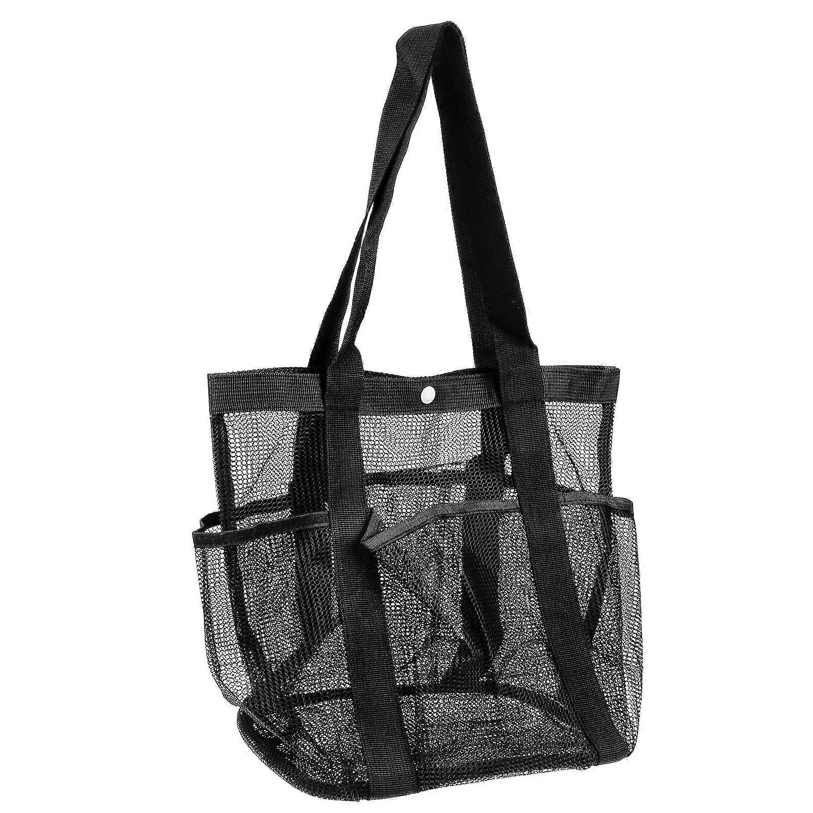 Multi-Pocket Beach Bag Black Mesh for Storage 2Pcs Tote