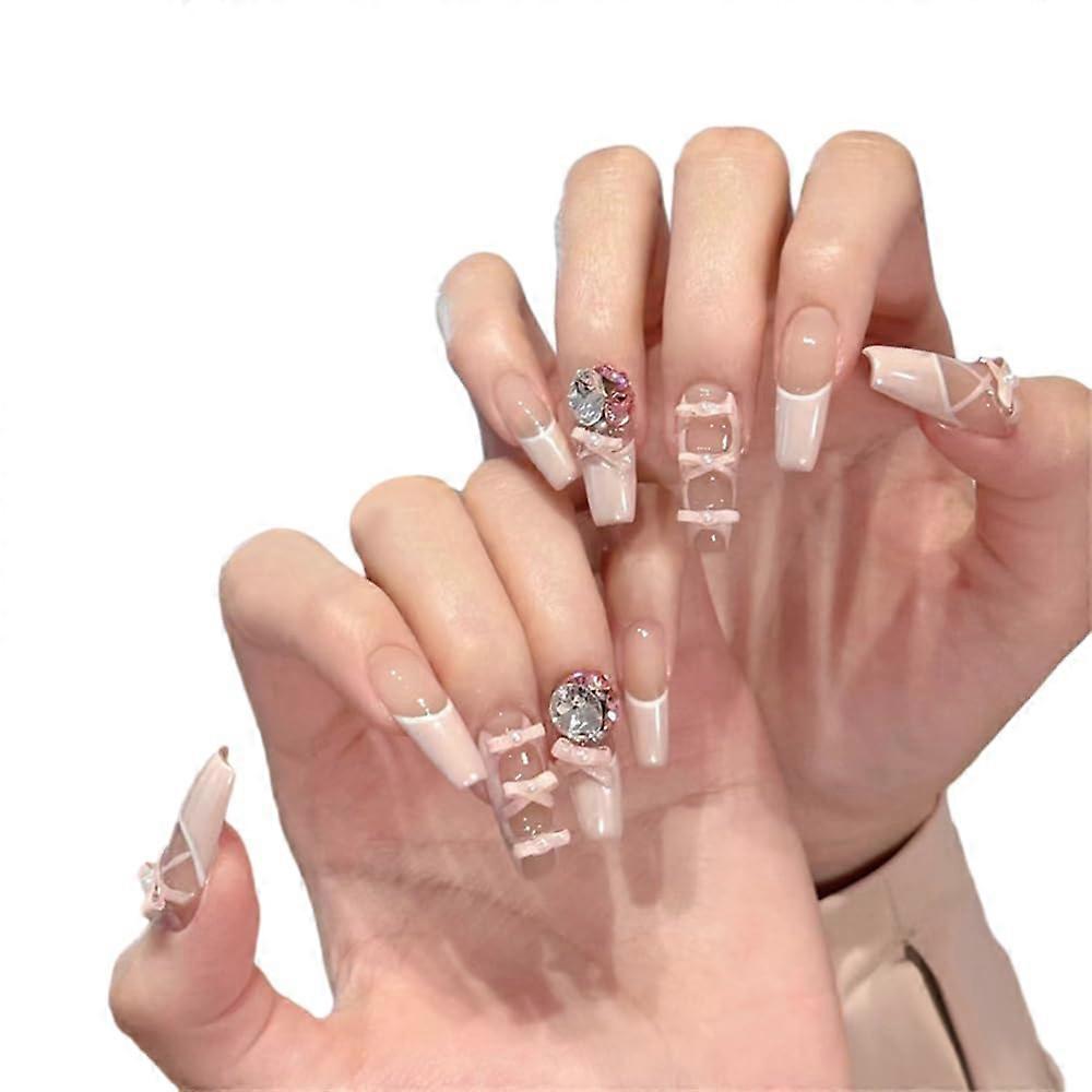 Gradient Pink Press on Nails Ballerina Shape with Glitter Sequins 24Pcs Reusable Full Cover