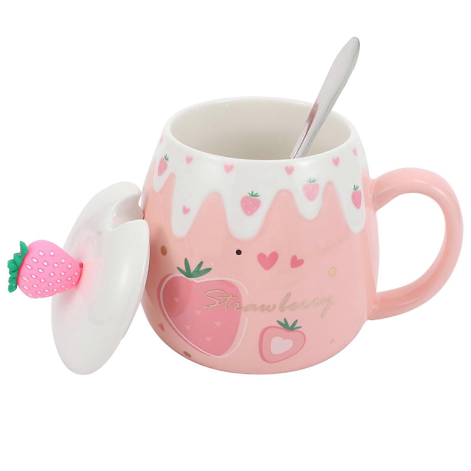 Strawberry Ceramic Drinking Cup for Daily Use 1Set with Lid Spoon