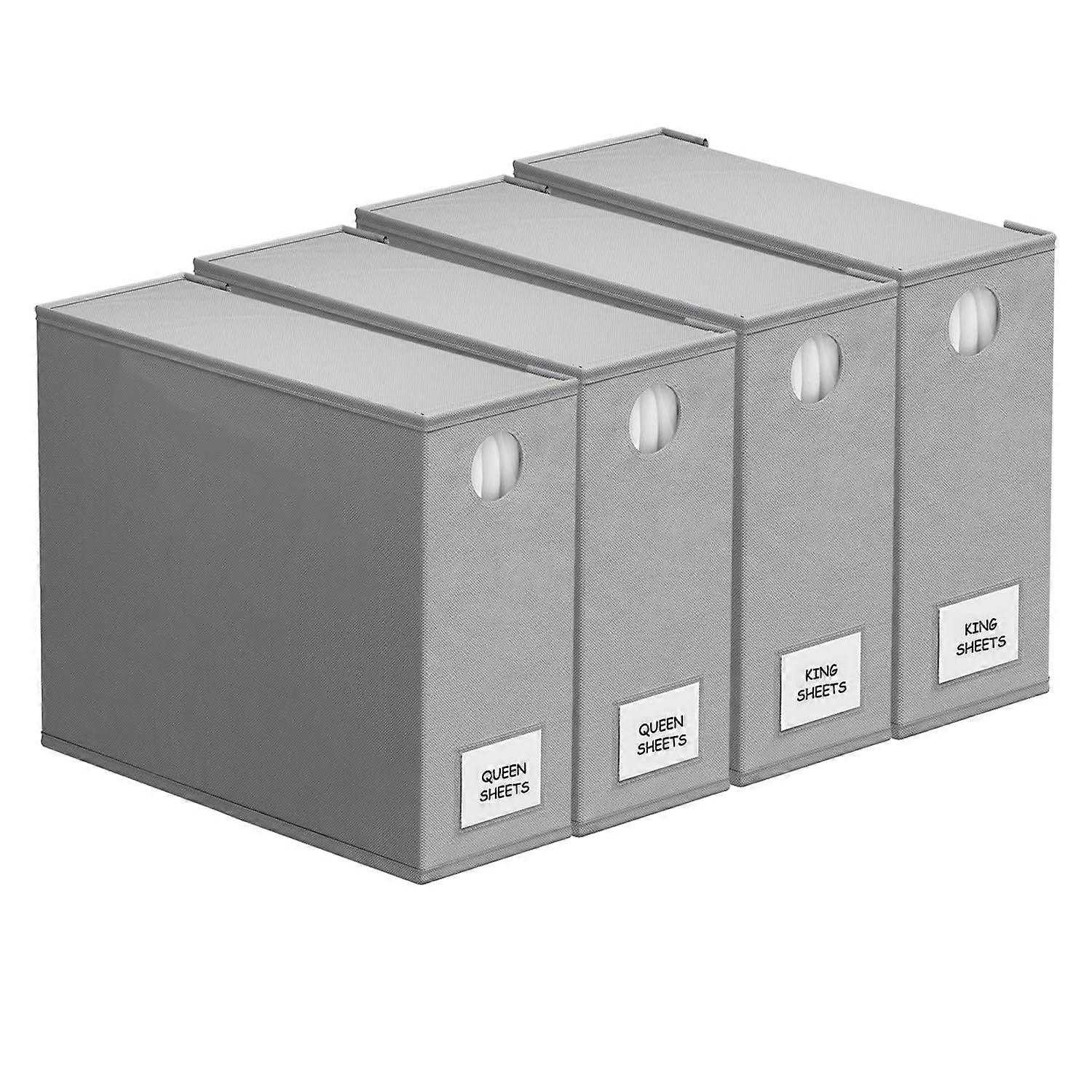 Bed Sheet Organizer Foldable Linen Storage Box with Window for Queen and King Bedding, 4 Pack Grey