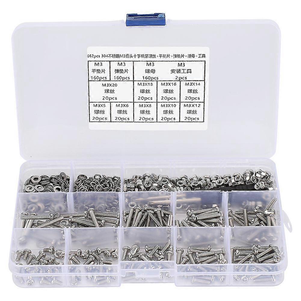 662PCS DIY Combination Set M3 Pan Head Cross Machine Screw+Flat Elastic Washer+Nut 26-27s