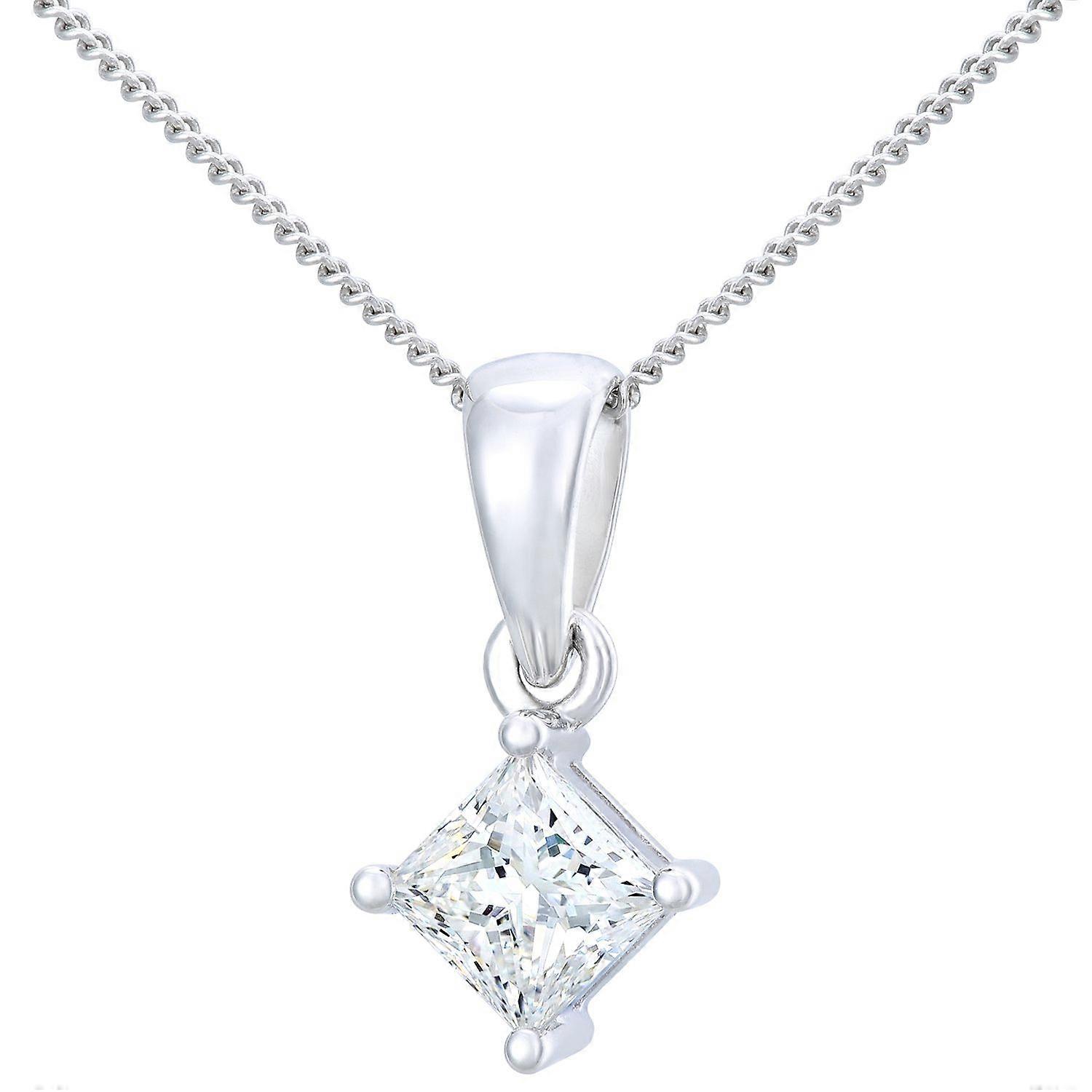 Jewelco London 18ct White Gold Princess 3/4ct Diamond Solitaire Pendant Necklace 18 inch 46cm