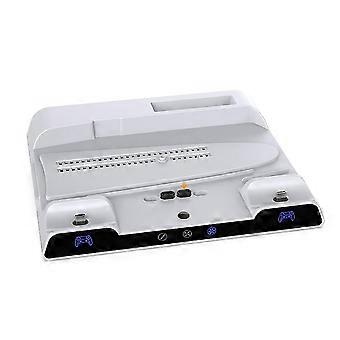 Base de resfriamento multifuncional compatível com PS5/Slim/Pro com carregador duplo para controles sem fio e suporte para armazenamento de disco rígido externo.