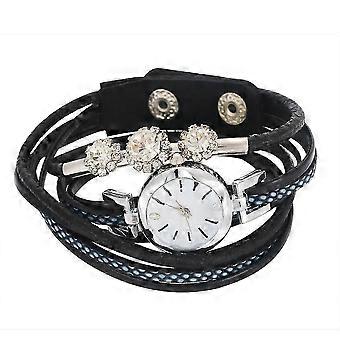 Montre-bracelet  quartz pour femme avec bracelet en PU et strass (noir)