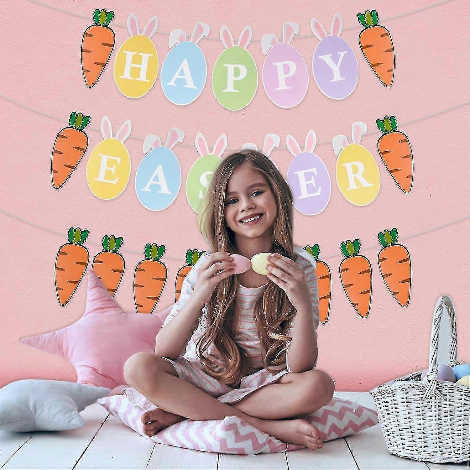 Easter Bunting, Easter Decorations, 2 PCs Easter Banner, Paper Easter Hanging with"Happy Easter" Decorations