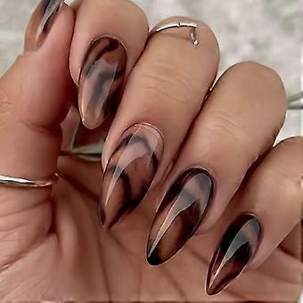 Plaknagels in amandelvorm met bruin-zwarte swirl-afwerking, glanzende gemarmerde nepnagelset met 10 stuks voor een snelle make-up look.