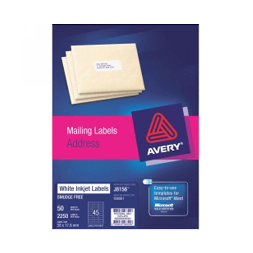 Avery Address Label Quick Peel Tech Adhesive Perrmanent 58x17.8mm 45 Sheet