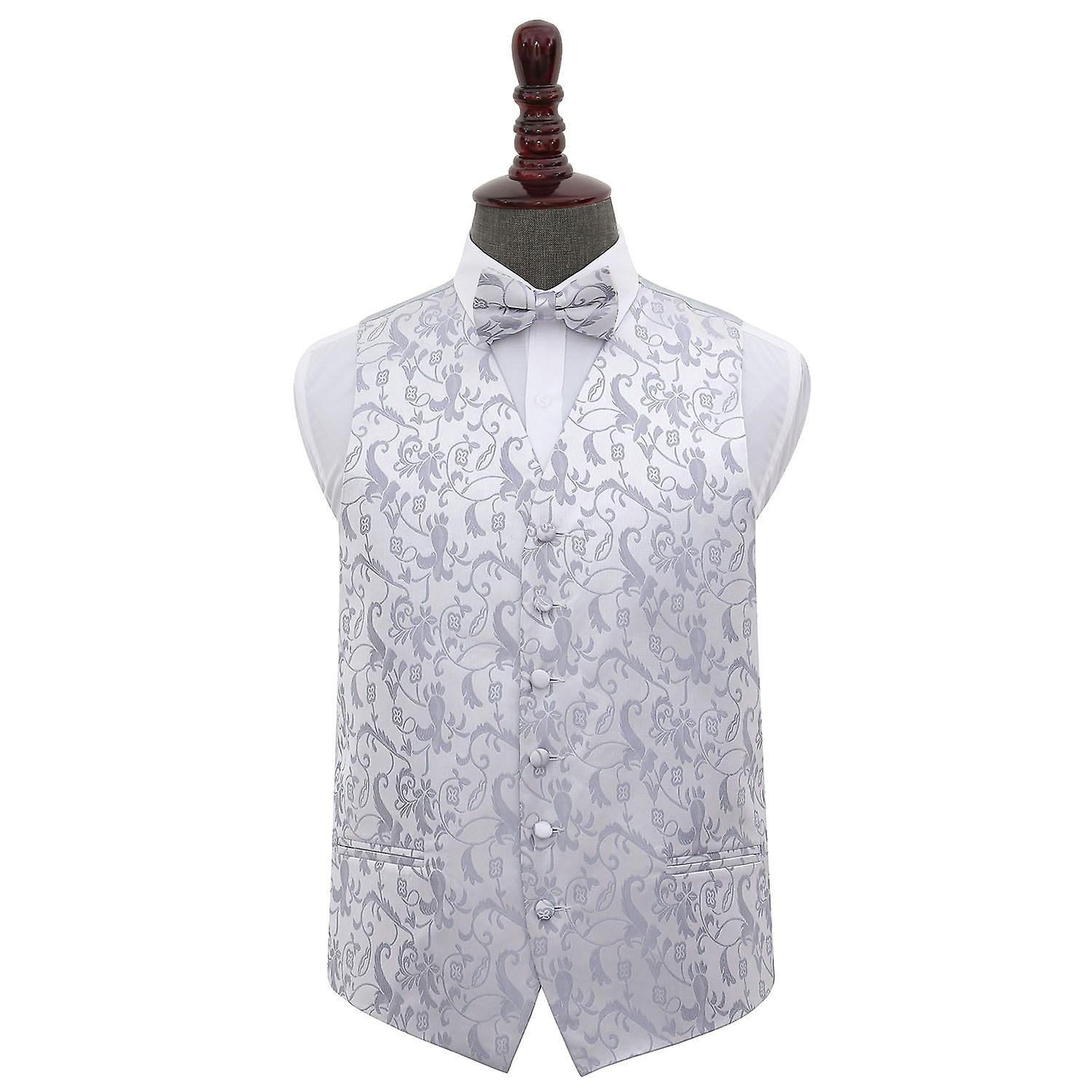 Silver Floral Wedding Waistcoat and Bow Tie Set