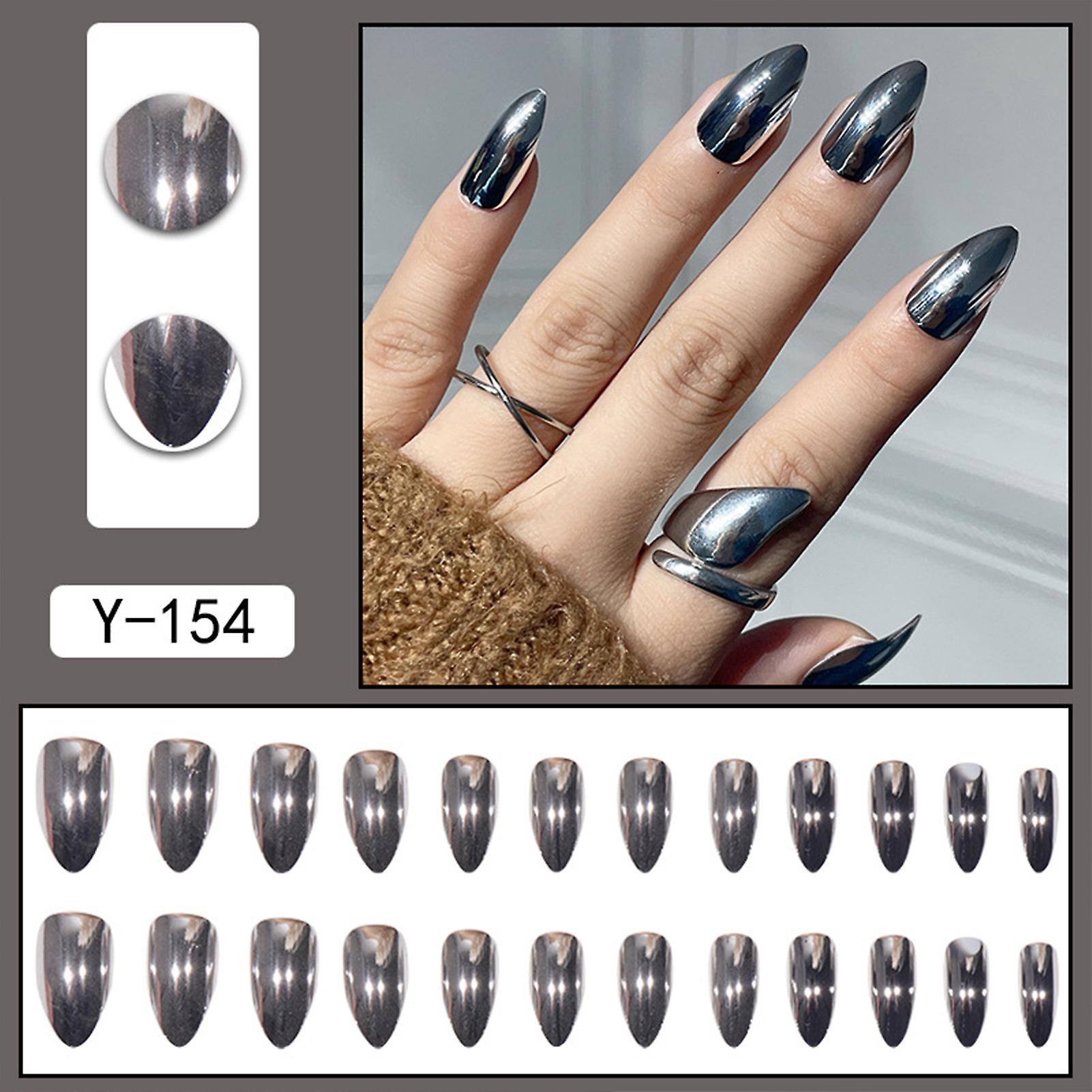 Metallic Bright Silver Fake Nails With Environment-friendly Acrylic Material