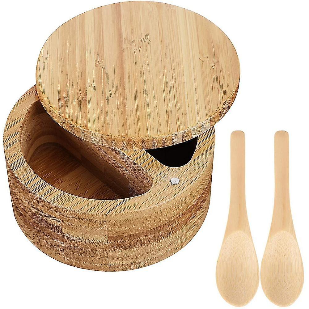 Compartment Bamboo Salt Pepper Box With Magnetic Swivel Lids And 2 Pieces Mini Bamboo Spoons For Ki