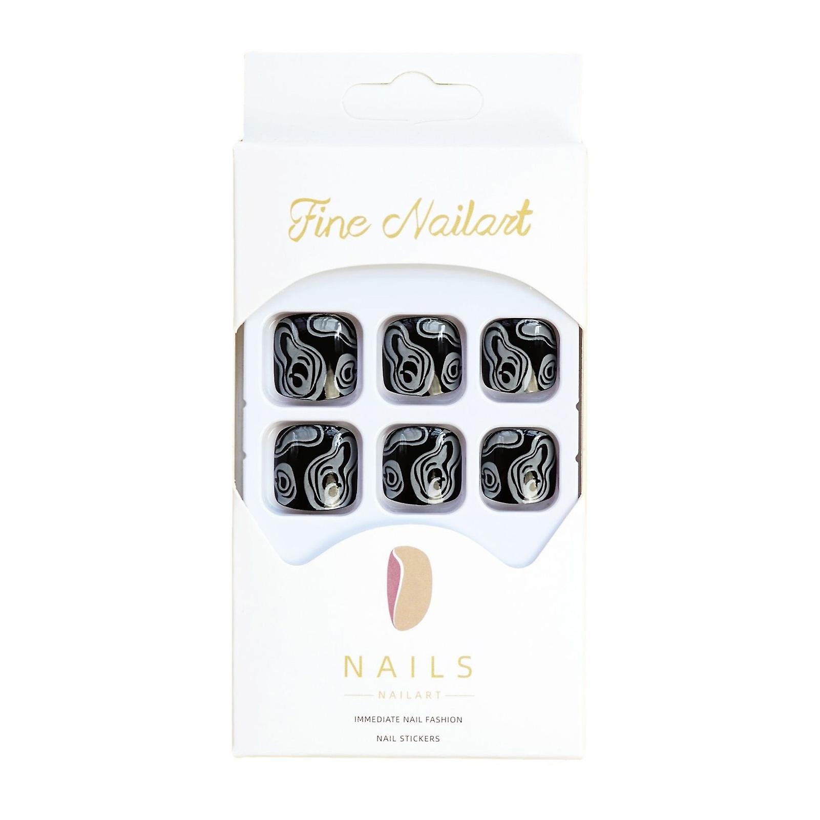 Black Glossy Fake Toenails With Blue Pattern Sweet & Charming Reusable False Nails For Stage Performance Wear