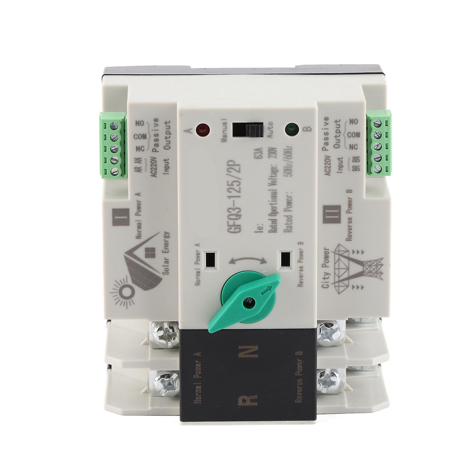 Dual Power Automatic Transfer Switch 2P Millisecond Fast Switching Timing Controller AC230V 50/60Hz PV to Mains 63A 