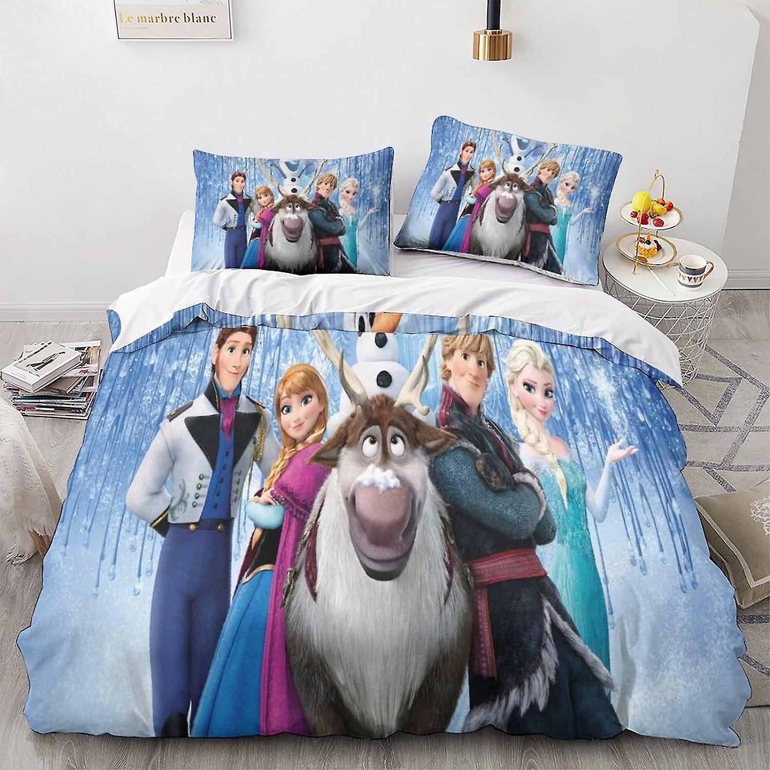 HOUKIG Frozen Print Duvet Cover 3pcs Bedding Set Anime Characters Quilt Cover Comforter Cover Soft Easy Care Hotel Comforter Cover with Zipper & Ties 