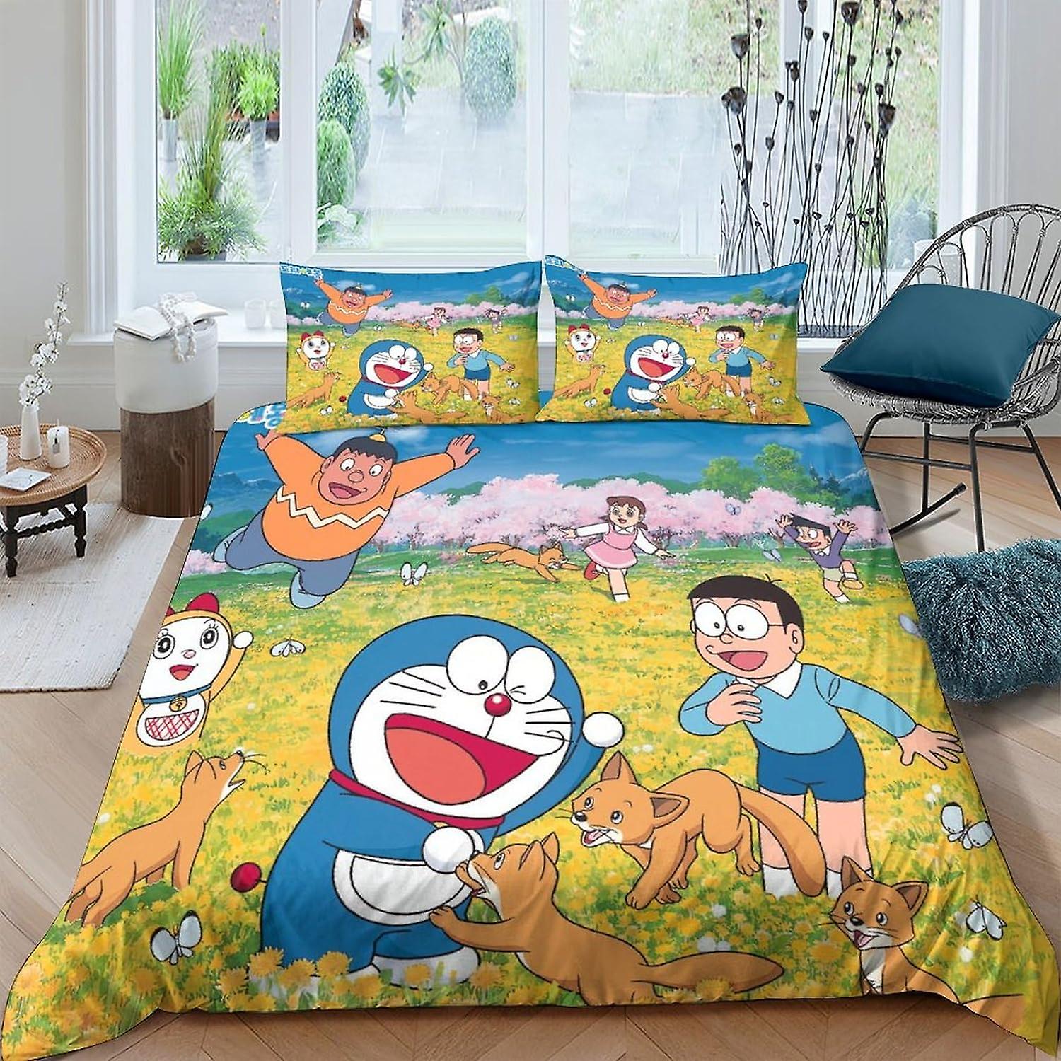 VCLUST Doraemon Set di copripiumino stampato in 3D Copripiumino in microfibra spazzolata Morbido piccolo gatto blu Coperture per biancheria da letto di qualità alberghiera di facile cura con federa 3