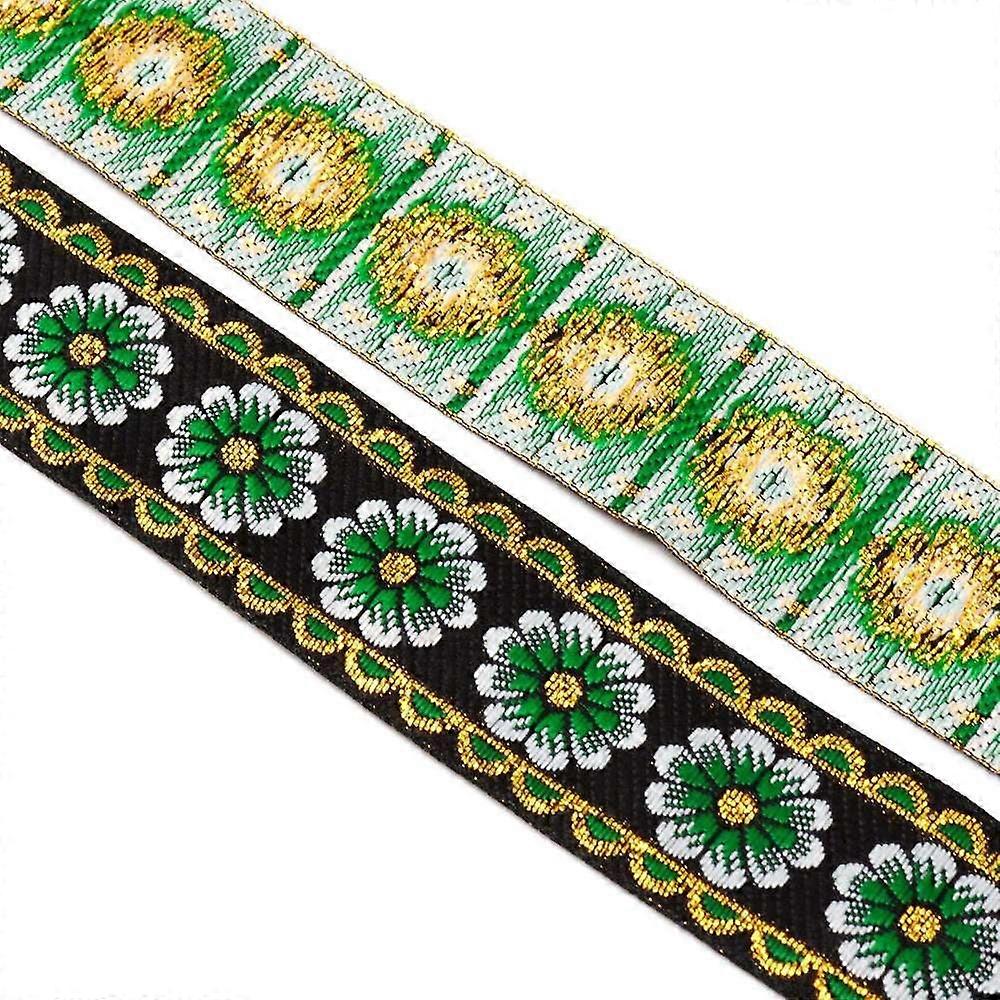 1Bundle Ethnic Embroidery Polyester Ribbons Jacquard Ribbon with Metallic Thread Flat with Flower Pattern Colorful