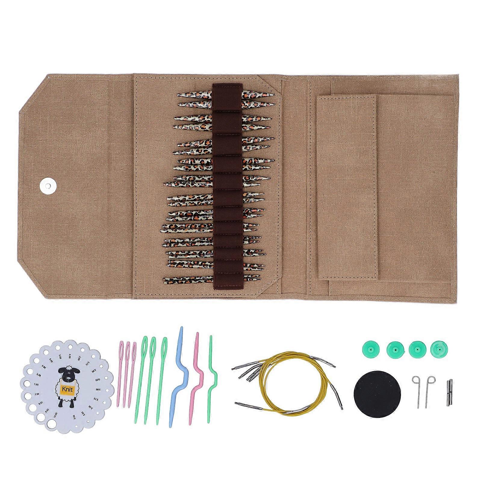 Knitting Needles Set Removable Circular Leopard Print Knitting Needles Sweater Needle Gauge Buttons PU Bag Crochet Kit