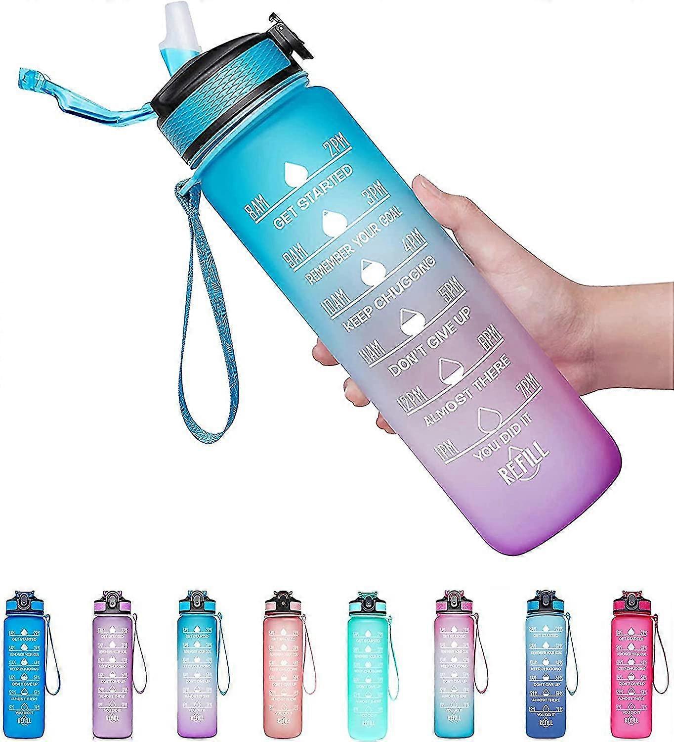 32oz Leakproof Drinking Water Bottle With Time Marker & Straw