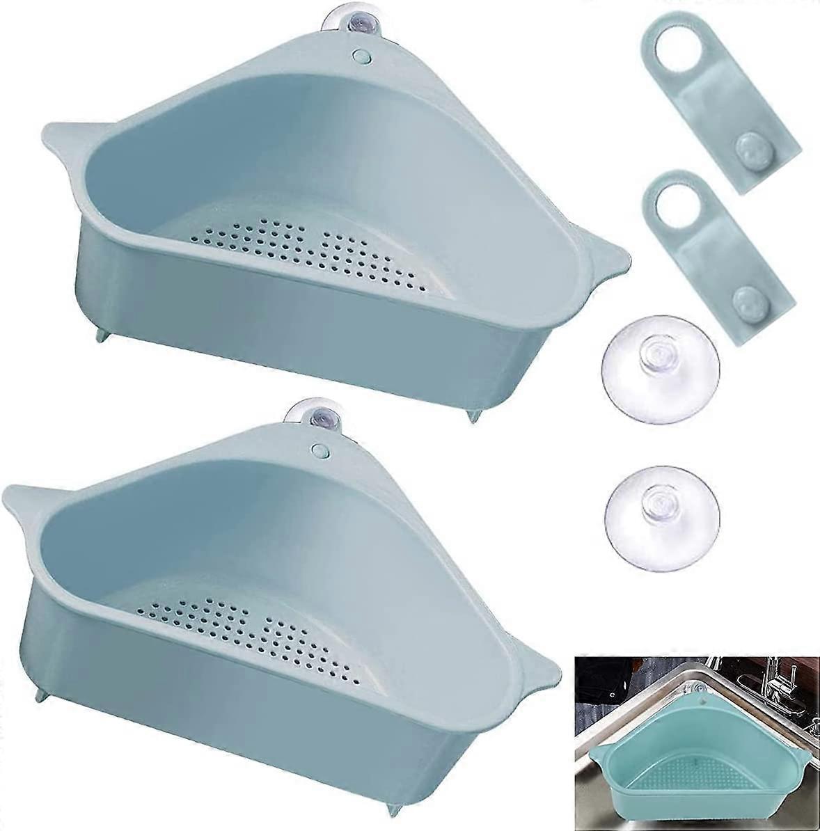 2 Pack Colander Sink Storage Rack, Sink Drainer Strainer with Triangular Filter Drain Tray with Suction Cup Kitchen Sink for Kitchen Bathroom, Blue
