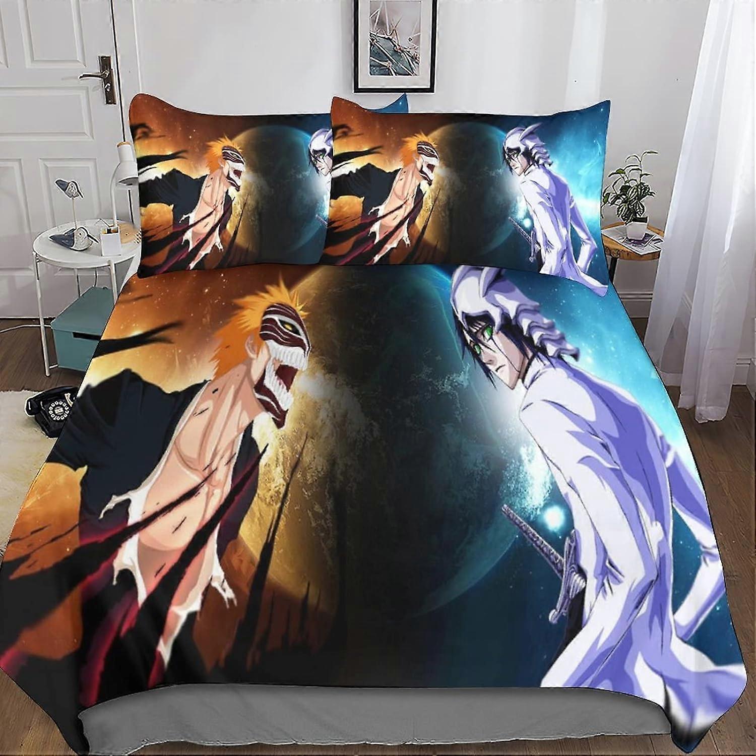 Bleach Bedding Set 3D Duvet Cover, Printed 3 Pieces, Anime Microfiber Bedding with Zipper Closure Pillowcases for Single or Double Bed