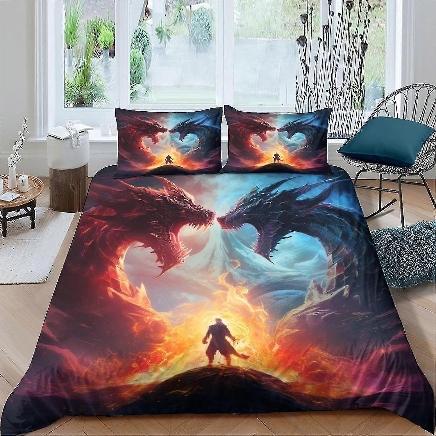 o3540 Lençóis de Cama Ice Fire Dragon 3D Conjunto de 3 Peças Conjunto de Cama Anti Alérgico de Um Lado Capa de Colcha de Microfibra Macia com Fecho de Zíper para