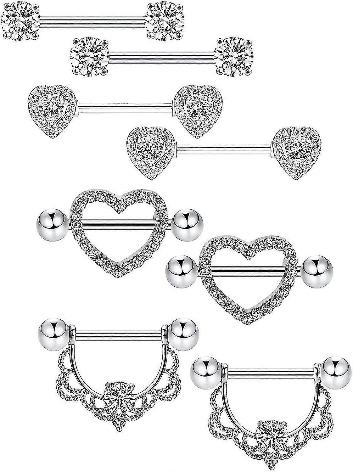 4組ステンレス製ニップルリング舌リングピアスボディジュエリーバーベルCzハートシェイプリング女性の女の子