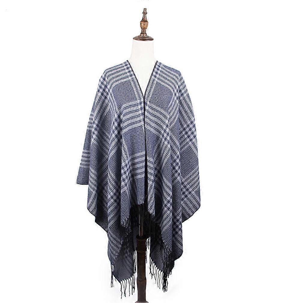 Plaid Shawl Scarf Open Front Poncho Winter Cardigant Blanket with Tassel for Lady