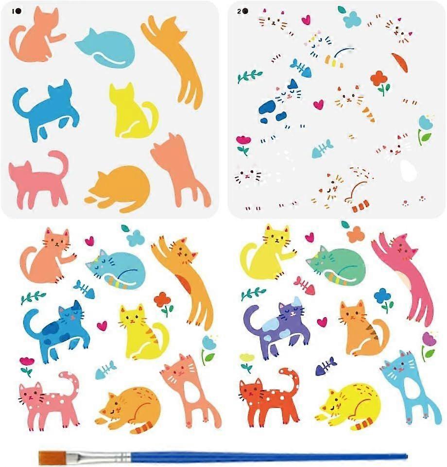 2 PCS Layered Cat Painting Stencil with 1 Pc Plastic Paint Brush Reusable Layering Cute Cat Stencil Animal Theme Cats Pattern Painting Template for Pa