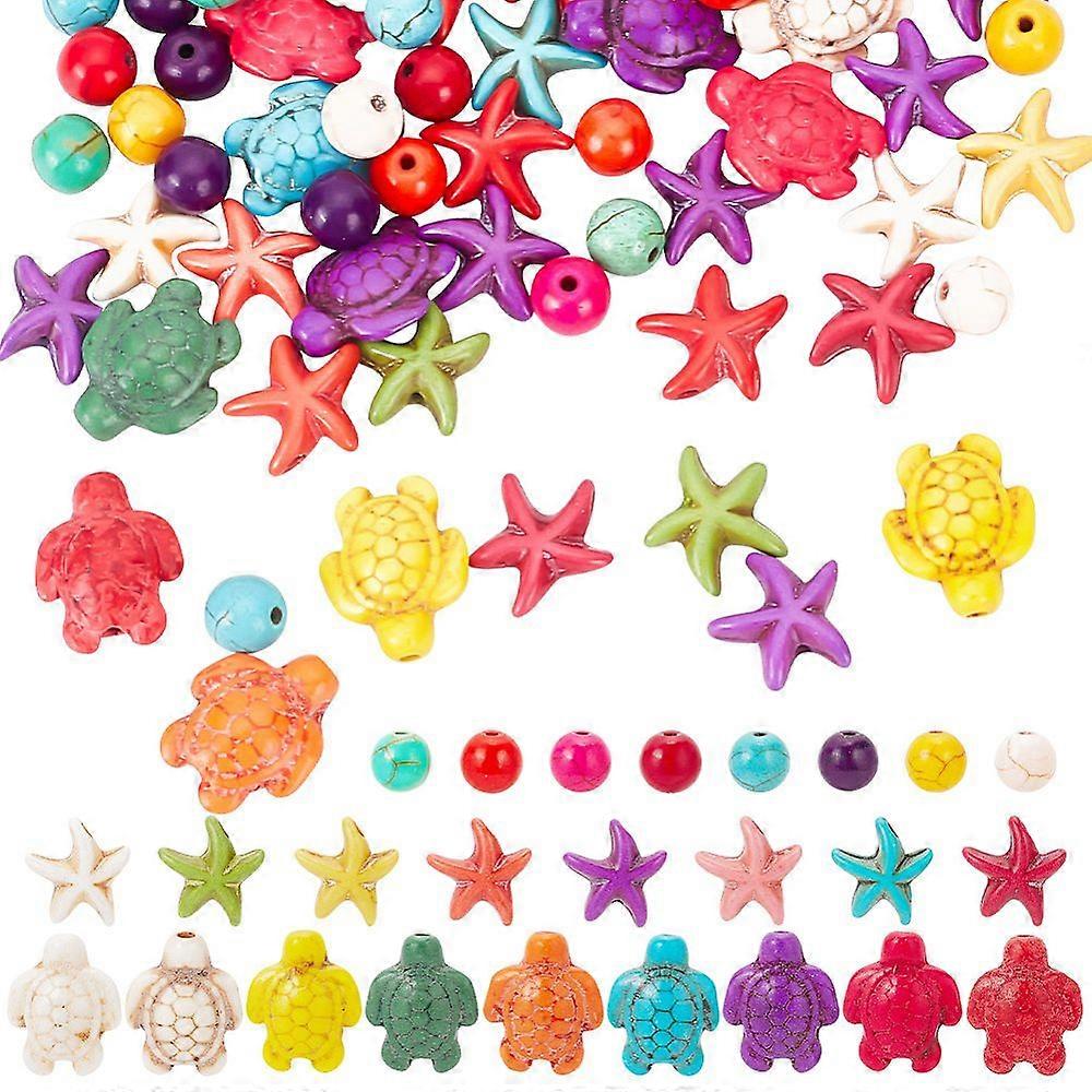 6 Strands 3 Styles Synthetical Turquoise Beads Strands Dyed Starfish/Sea Stars Turtle and Round Mixed Color 8~18.5x8~15mm Hole: 1~1.5mm 2 strands/styl