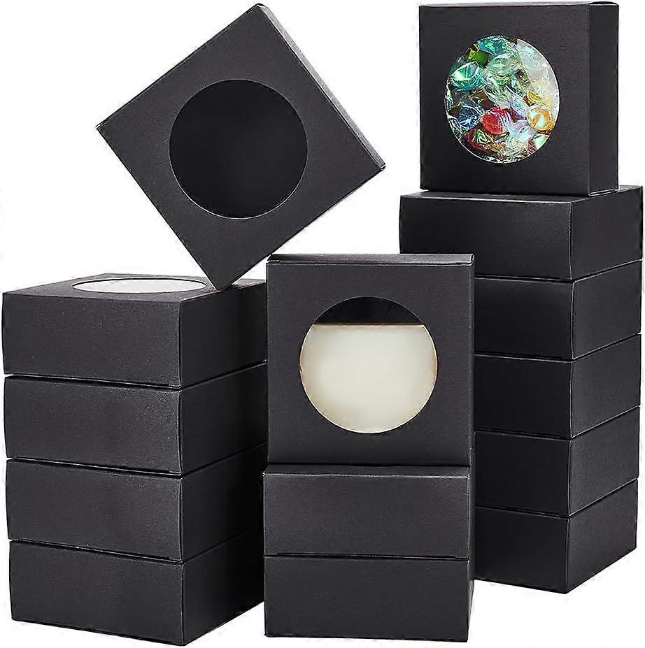 24 Packs 3.6x3.6x1.5 Inch Square Paper Boxes with Round Window Black Kraft Bakery Boxes Gift Packaging Boxes for Dessert Cake Candy Muffin Donut Macar
