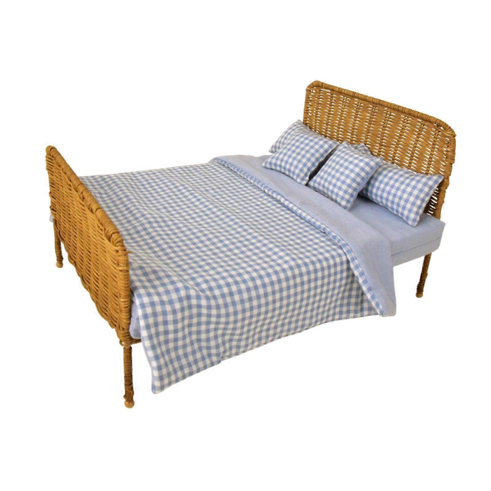 1:6 Cama com Colchão Móveis em Miniatura Quarto para Decoração de Paisagem Presente Xadrez Azul