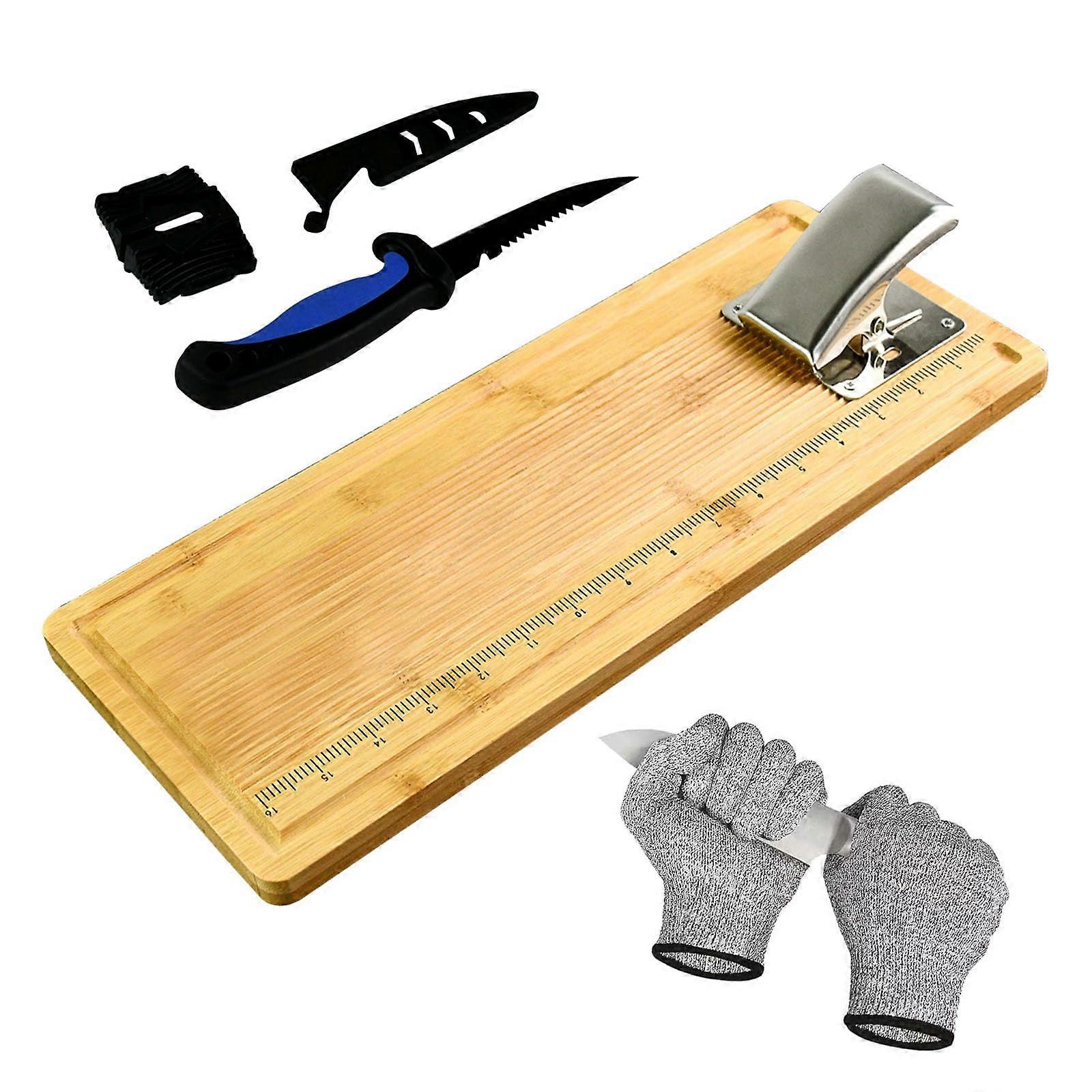 Kit de nettoyage de poisson en bambou de 18 po - Ensemble de planche à découper antidérapante avec couteau à filet