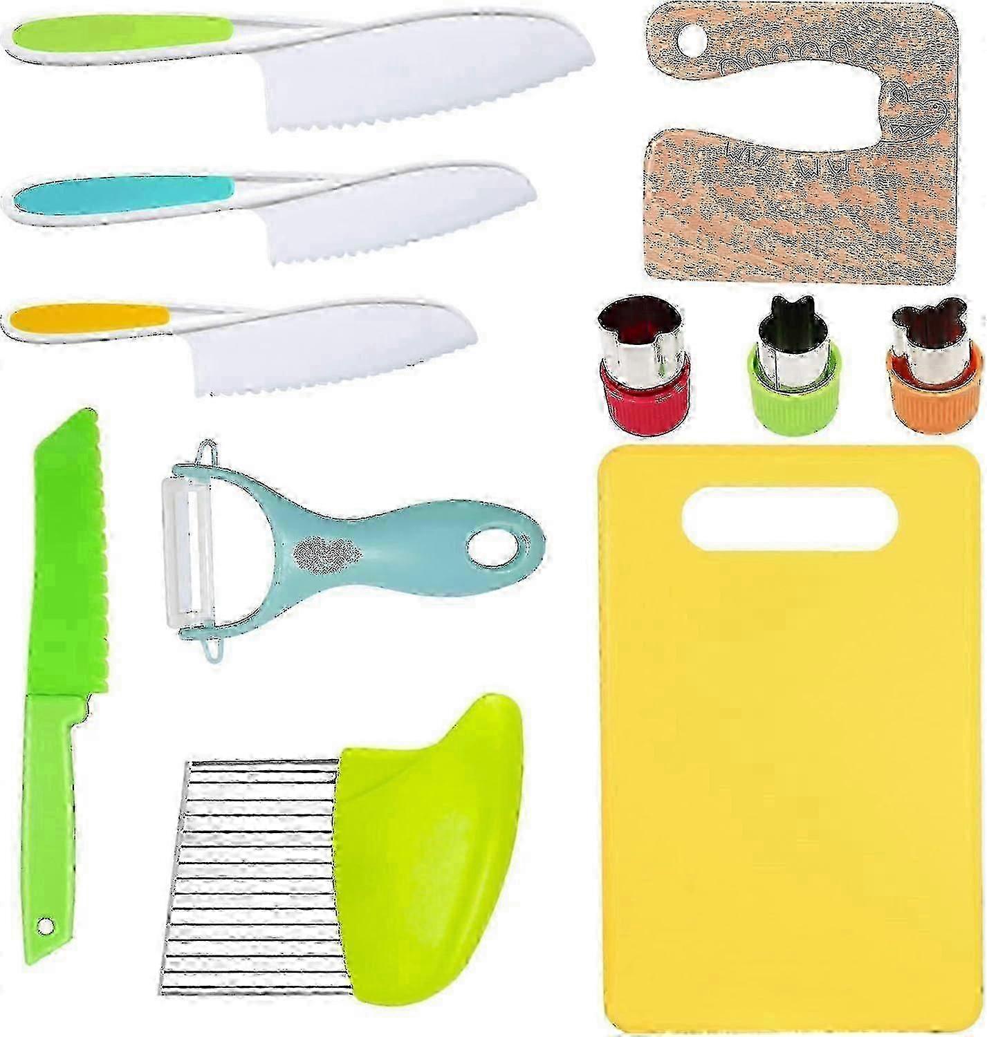 سكين مطبخ للأطفال ، مجموعة سكاكين للأطفال تشمل سكين خشبي للأطفال ، سكين بلاستيكي ذو حواف مسننة ، قاطع تجعد ، قاطع شطيرة ، مقشرة Y ، كوتين