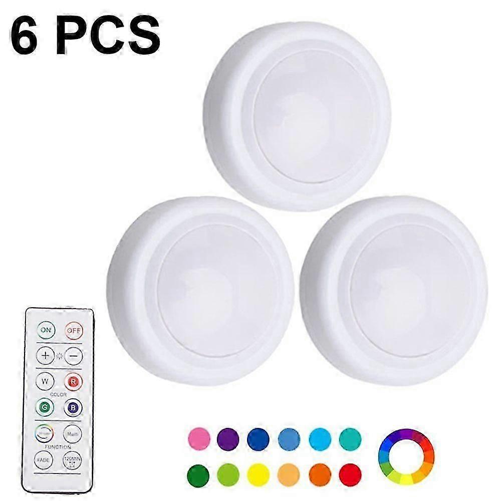 6pcs Night Light with 16 Colors Changeable LED Puck lightings Battery Powered dimmable Under Cabinet Lights Wireless, with 2 Remote Controls & Timing