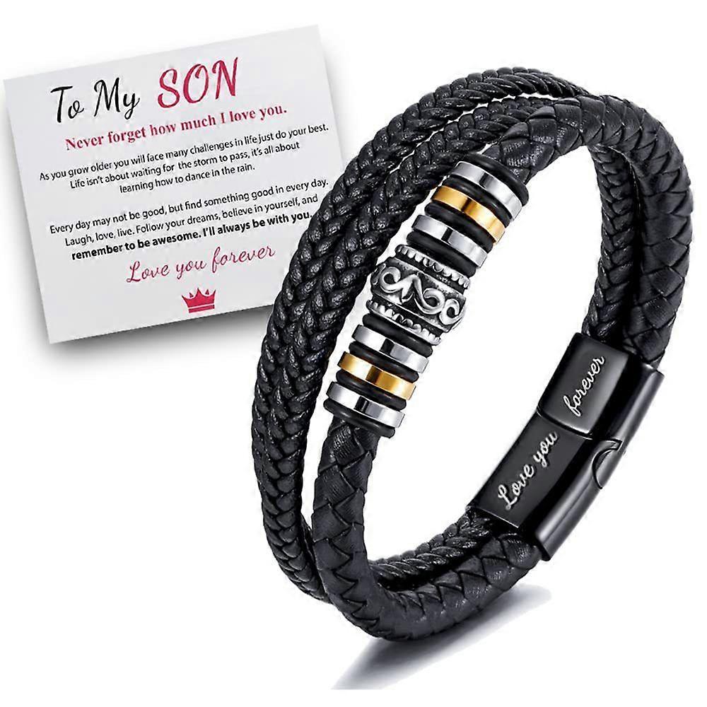 To My Son Love You Forever Bracelet, Bracelet en cuir tressé pour hommes, Bracelet gravé personnalisé en acier inoxydable