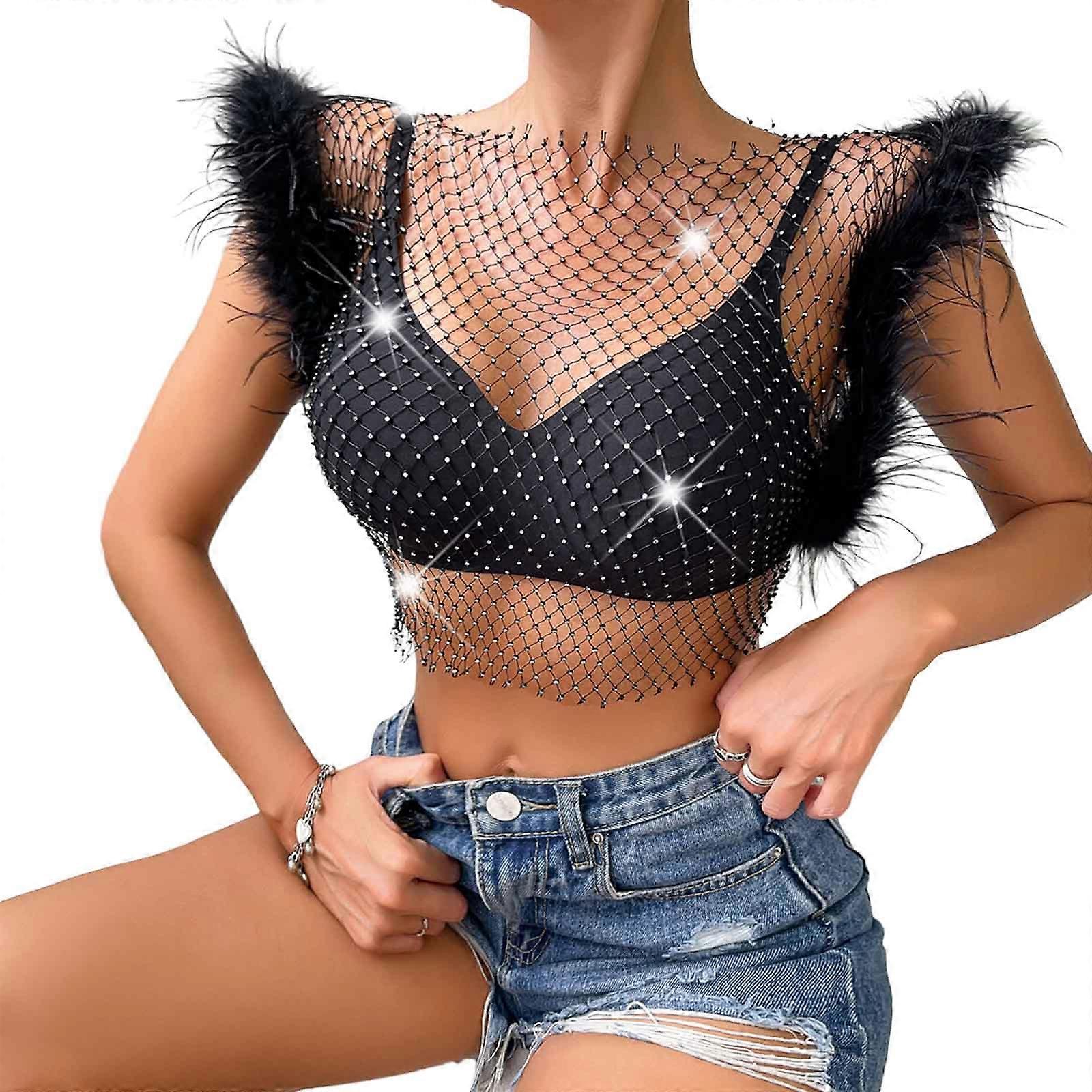 Women Sexy Glitter Rhinestones Tank Top Feather Cuffs Fishnet Mesh