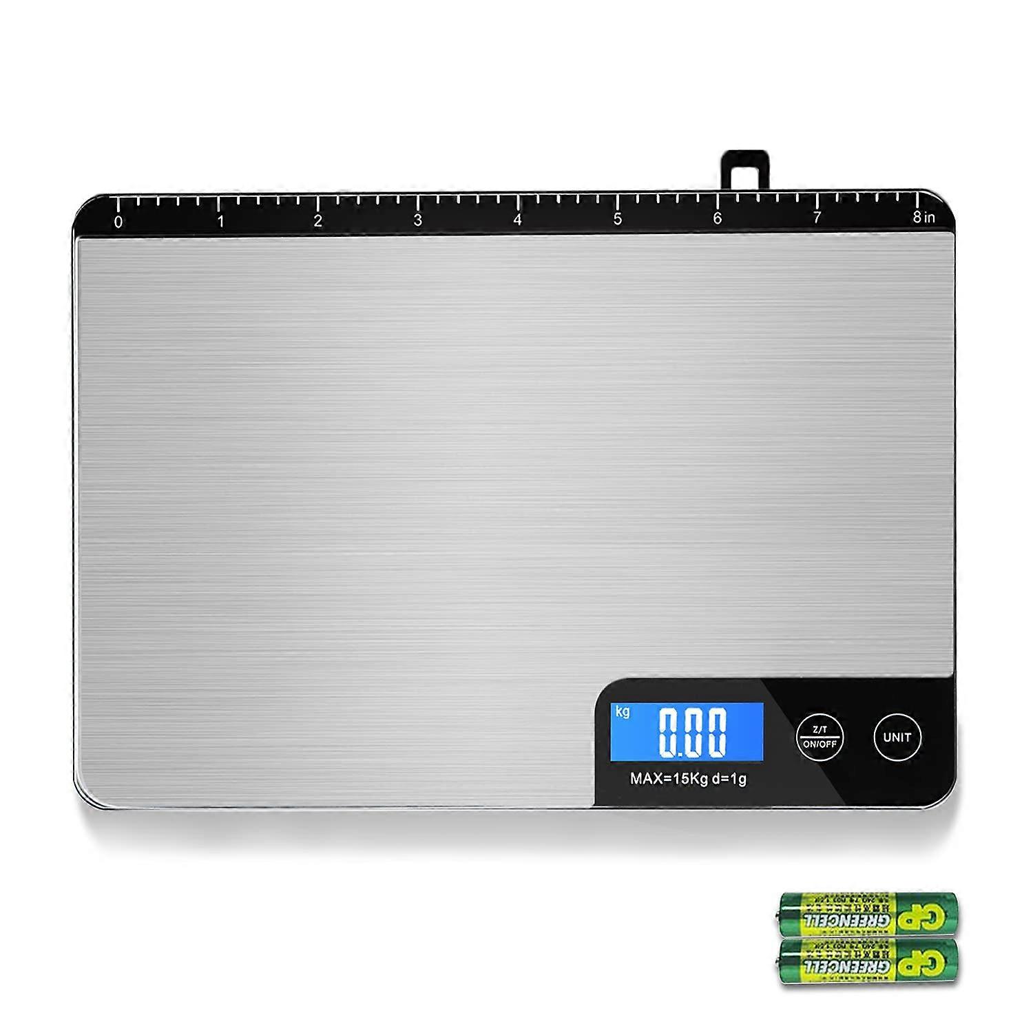 Kitchen scale (accuracy 1g/capacity 15kg), food scale with touch button, built-in ruler and hidden hook, 2 AAA batteries included