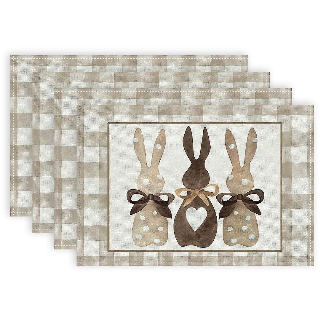 4 Set Burlap Plaid Easter Bunny Place Mats 12x18 Inch for Farmhouse Spring Home Decoration Indoor Table Mats