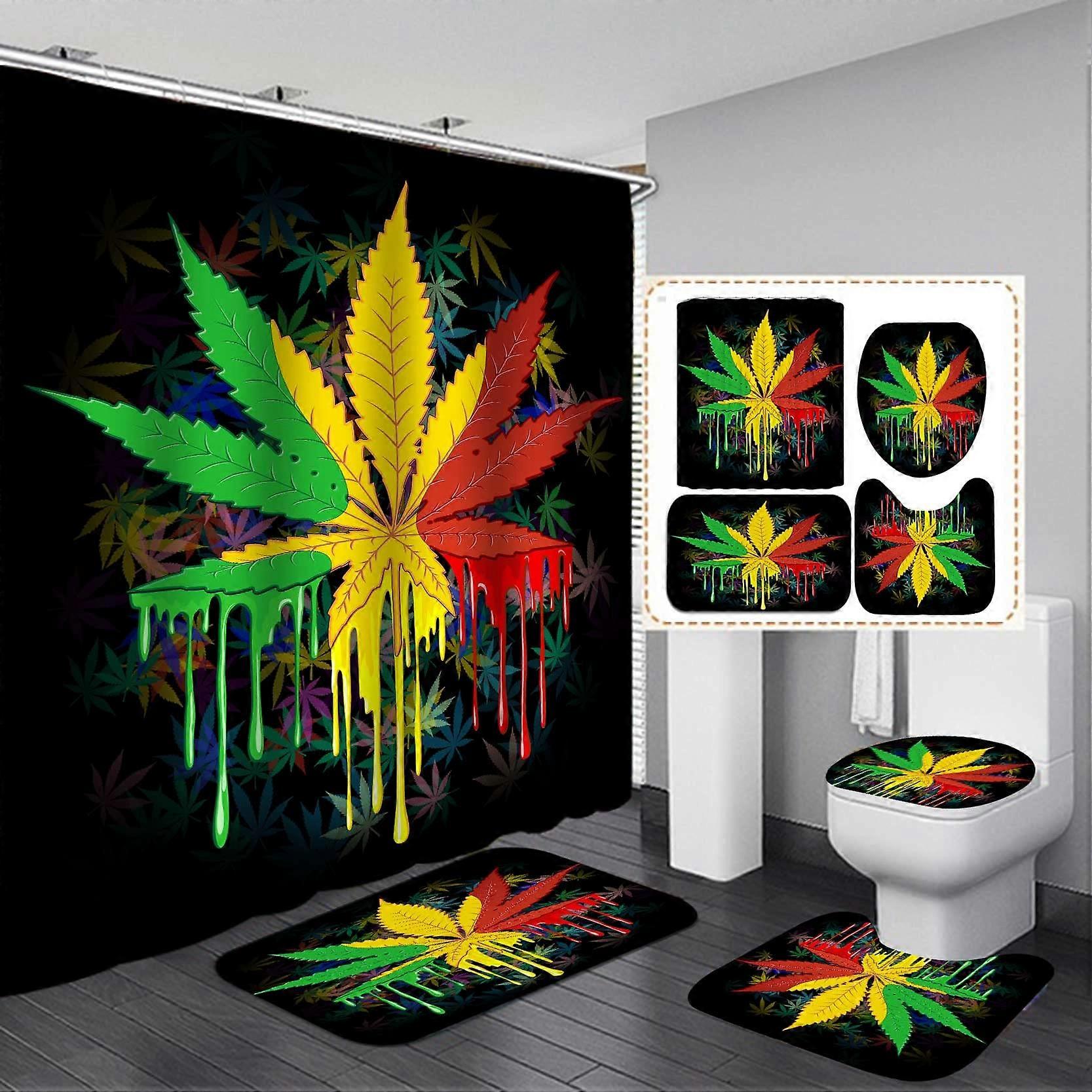 Shower Curtain 4 Set Fabric Black With Weed Leaf Pattern Jamaican Rasta Reggae Leaf Design For Bathroom Decor