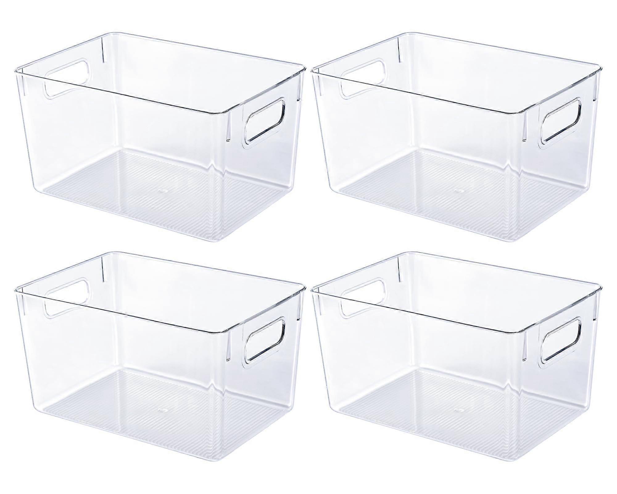 4 Pack Clear Plastic Storage Bins with Handles, Stackable Organizers for Kitchen, Bathroom, Fridge, and Office