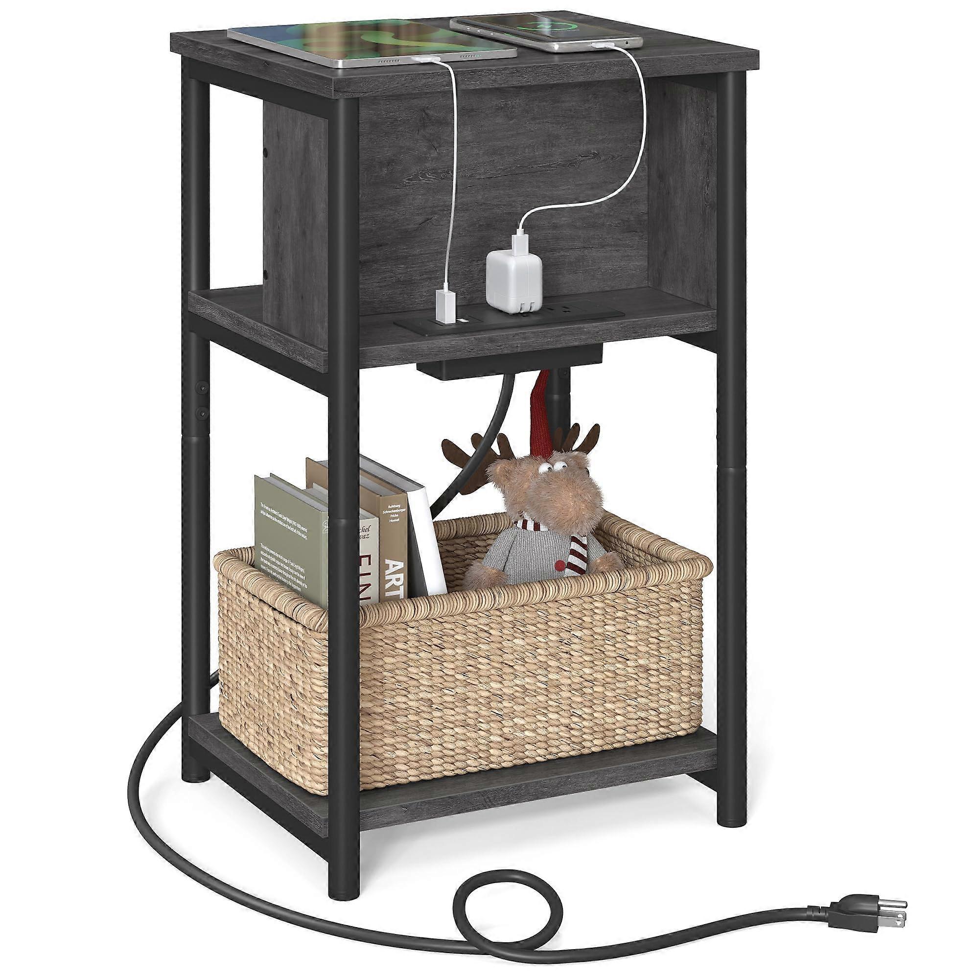 Side Table with Charging Station and USB Ports, 3-Tier End Table Nightstand for Bedroom, Wooden Design, Modern Style