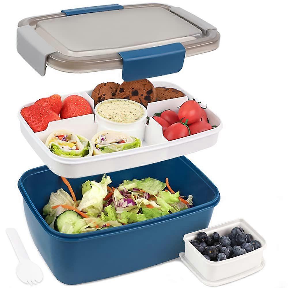 Lunch Box 2000ml, Lunch Box with 4 Compartment Tray, Salad Bowl with Dressing Container, Pre-Meal Fruit Snack Container with Built-in Reusable Spoon