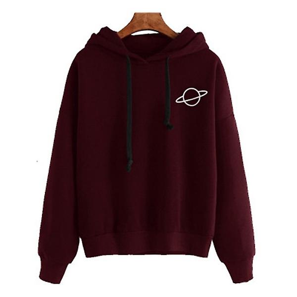 Spring Autumn Yellow Pullovers Ladies Solid Color Drawstring Hooded Full Sleeve Sweatshirtwine Red