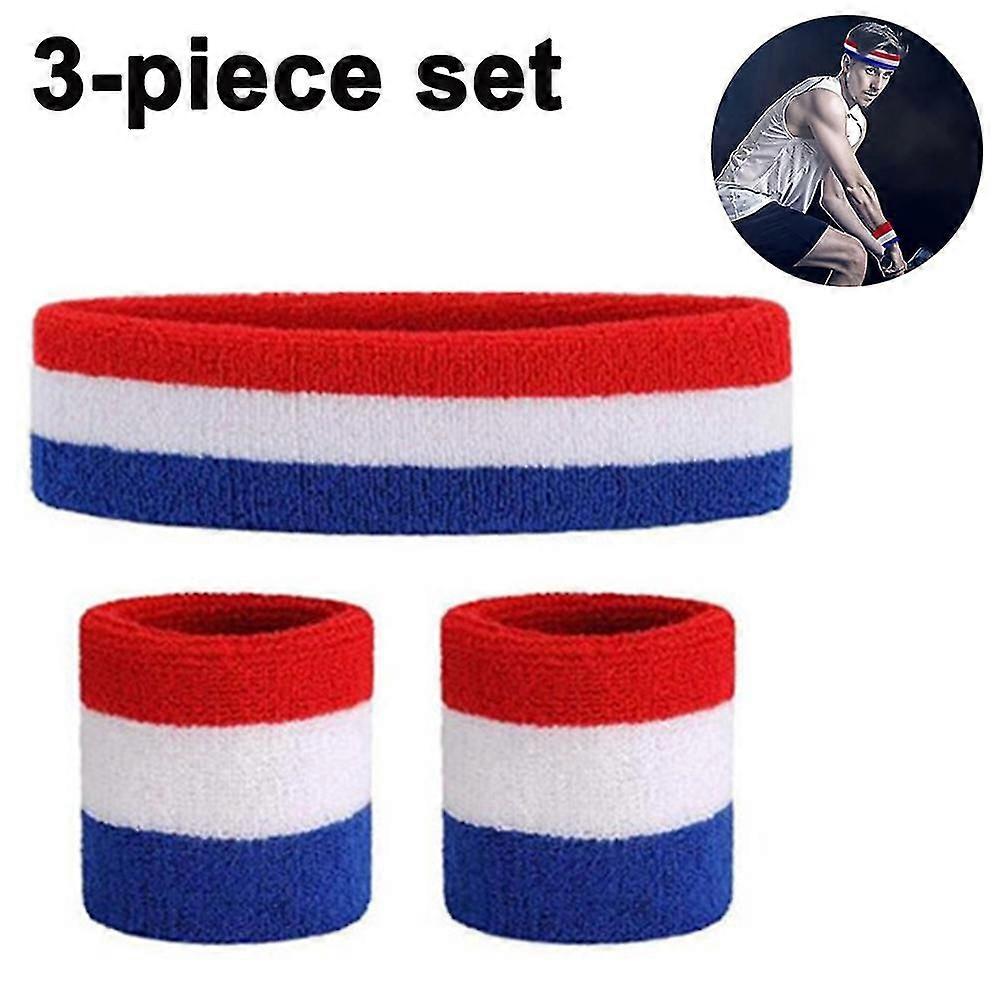 Sweatband Set Sports Headband Wristband Set Sweatbands 3 Pcs Red white blue