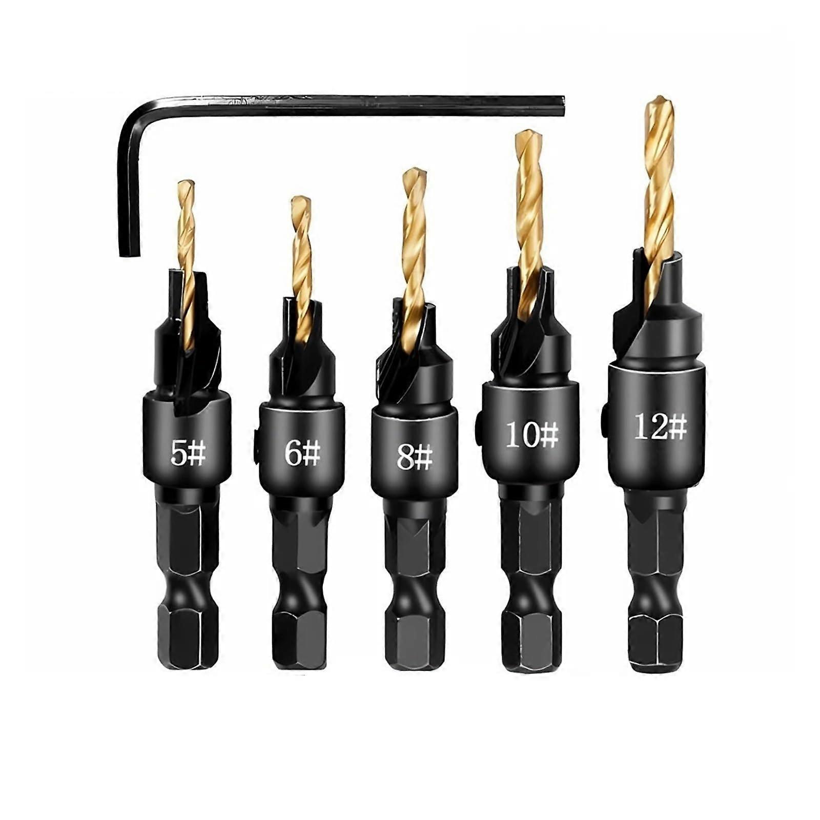1/4 Hex Shank Countersink Drill Bit Set for Woodworking, Titanium Coated, Sizes #5-#12, Compatible with Screws