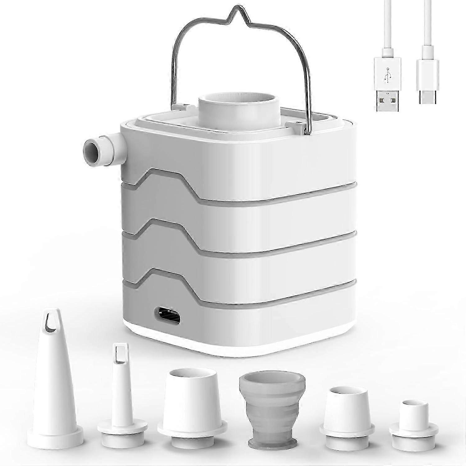 Portable electric pump, rechargeable inflator with 6 quick nozzles, 3 in 1 mini inflator to inflate and pump for swimming pools, air mattresses, swim